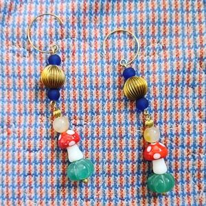 XL Handmade Mushroom and Carved Emerald Earrings